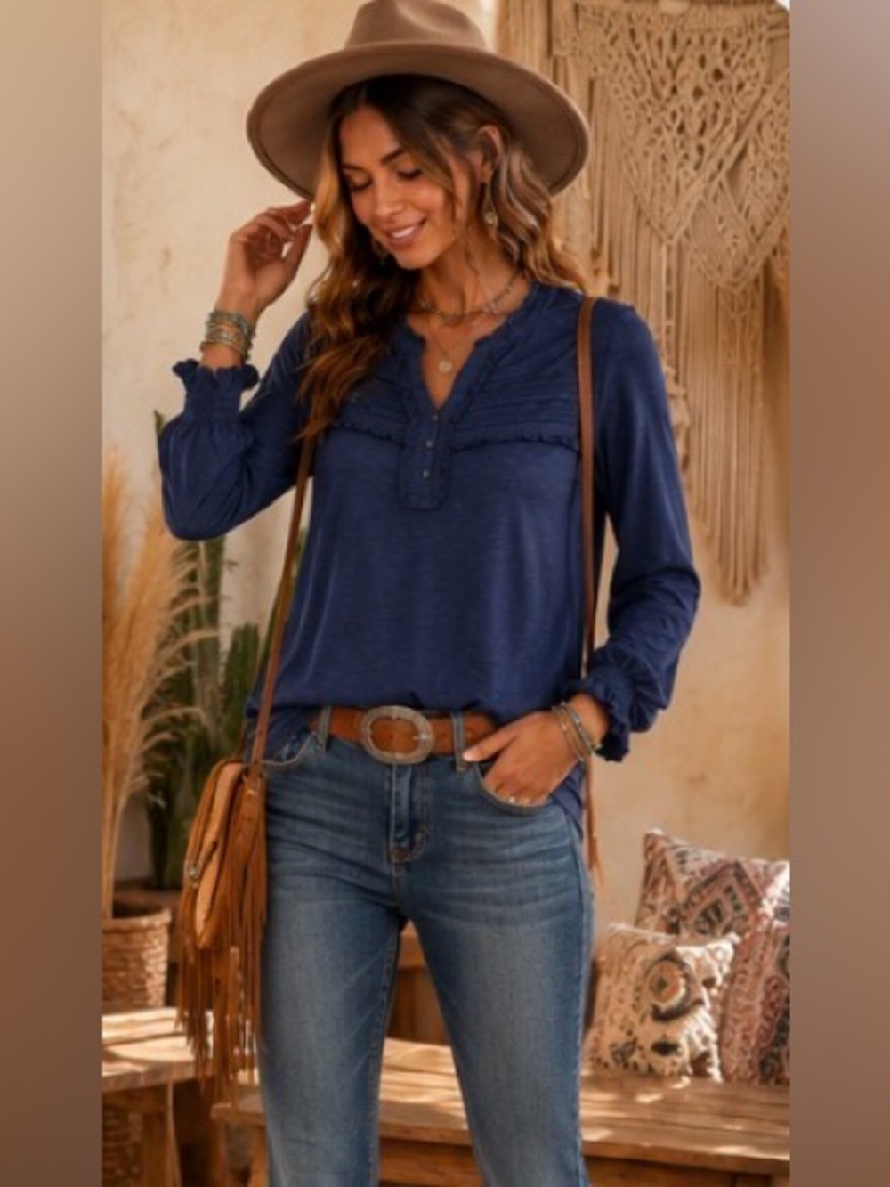 Democracy XS Navy Ruffle Henley Blouse Pintuck Long Sleeve Boho Festival Top - Picture 4 of 13